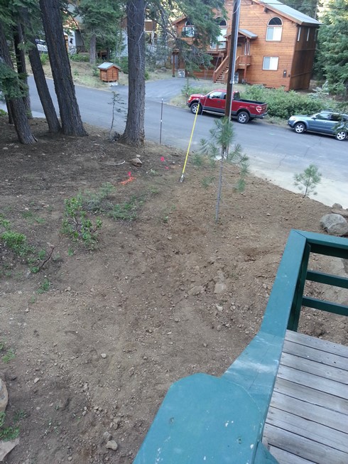 The few markings are the flags. Trench has to be on our property which is the narrow side past the yellow guidewire.